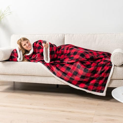 PAVILIA Sherpa Wearable Blanket with Sleeves and Pocket, Plush Thick Cozy Body Blanket Wrap for Adult Women Men, Christmas Gift for Wife Mom, Buffalo Red Black - color: Checkered Red