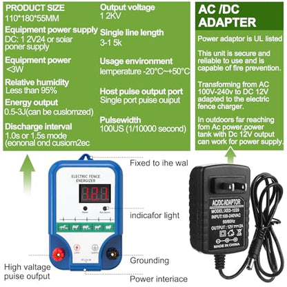 MorningRo Electric Fence Kit, 8 Mile 12kV 2J Electric Fence Charger AC/DC Powered with 50 Insulators, Socket Tool, 250ft Aluminum Wire for Livestock Control(LCD Display Ver.,Blue) - style: LCD Display Ver