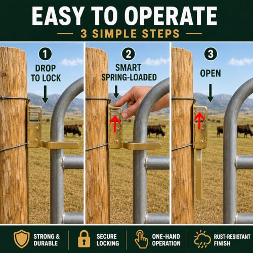 Instant Locking Gate Latch, Heavy-Duty Automatic Spring Lock, Rust-Resistant Steel, One-Hand Operation, Easy Install for Wood, Metal, and Pipe Gates, Farm, Ranch, Backyard (1PCS)