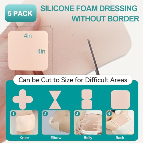 Dimora Silicone Foam Dressing Without Border 4"x 4" Highly Absorbent Adhesive Wound Bandage Cuttable Pads for Wound Care 5 Pack - size: 4x4 Inch (Pack of 5)