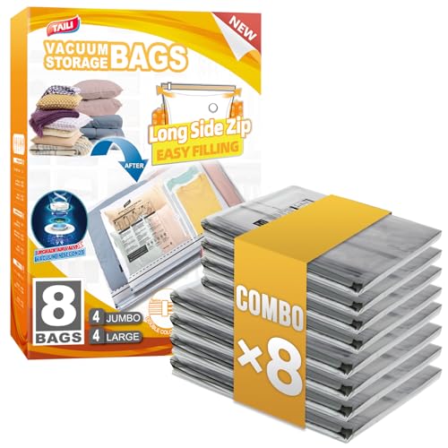 TAILI 8 Pack Vacuum Storage Bags, 2 Size Combo(4 Large+4 Jumbo), Clear - size: 8 Combo