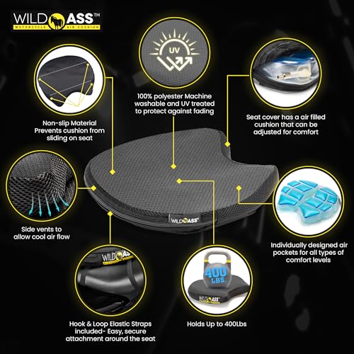 Wild Ass Saddle Airgel – Motorcycle Seat Cushion, Ergonomic Air-Adjusting Pad with Straps, Universal Fit for Ultimate Rider Comfort & Relief, Cool Flow Motorcycle Accessory for Long Rides – Black - style: Air Gel