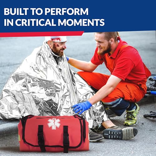 First Responder Trauma First Aid Kit Bag – Fully Stocked Emergency Medical Kit for Workplace, Vehicle & Home – OSHA & ANSI Compliant – Portable – Red - color: Red
