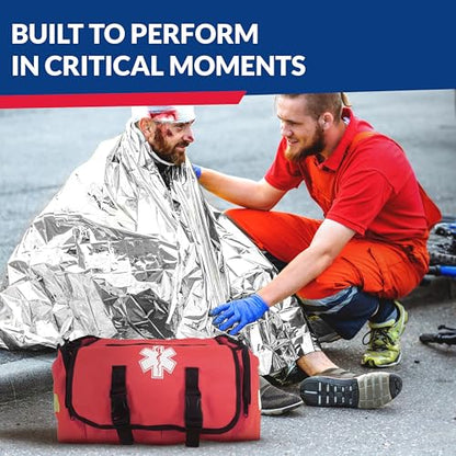 First Responder Trauma First Aid Kit Bag – Fully Stocked Emergency Medical Kit for Workplace, Vehicle & Home – OSHA & ANSI Compliant – Portable – Red - color: Red