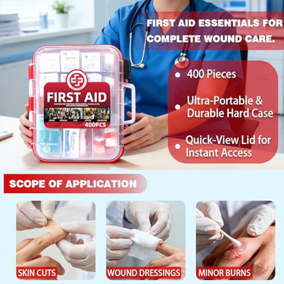 400 Piece First Aid Kit, Organized Dual-Layer Wall-Mountable Hard Case - size: Extra Large