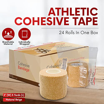 HEALQU Self Adhesive Bandage Wrap - 12 Rolls 2in x 5yd Cohesive Tape for Athletic and Sports - Self Adherent Medical Tape, Flexible, Elastic Bandages for Wrist & Ankle Vet Wrap for Dogs - size: 2 Inch Box of 12