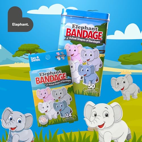BioSwiss Bandages, Elephant Shaped Self Adhesive Bandage, Latex Free, Sterile Wound Care, 24 Count - size: 24-Count Box, style: Elephant