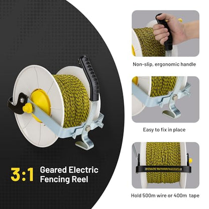 3:1 Geared Reel Prewound Polywire, Electric Fence Wire Reel with Reel Guide - size: 1640 feet x 1 standard reel x 1 Handle