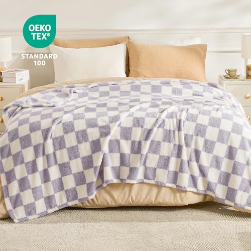 EMME Checkered Blanket Twin Size - 60"x80" Lavender Knit Blanket Soft Fluffy Patterned Throw Blankets for Couch, Sofa, Chair, Bed, Camping, Picnic, Travel - color: 24-checkered Lavender, size: Twin