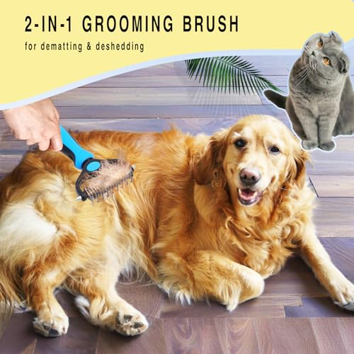 Pet Grooming Rake for Dogs & Cats - Double-Sided Deshedding and Dematting Tool, Gently Remove 95% of Loose Undercoat & Mats for Long-Haired Pets, Painless Fur Brush for Shedding Control (Blue+Comb) - color: Blue+Comb