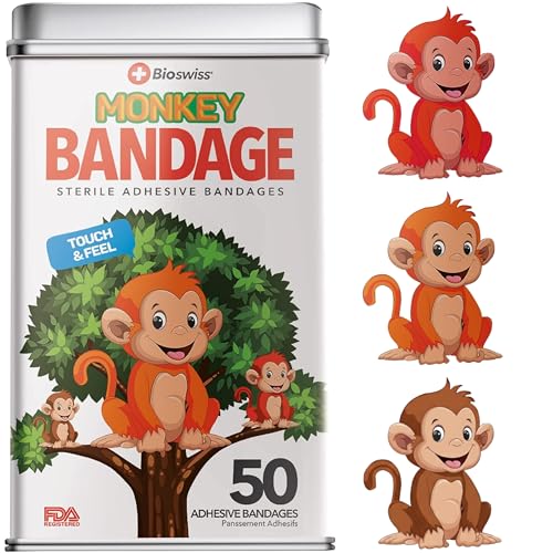 BioSwiss Bandages, Monkey Shaped Self Adhesive Bandage Set, Latex Free, Sterile Wound Care, 50 Count - size: 50-Count Tin, style: Monkey
