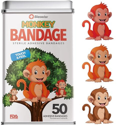 BioSwiss Bandages, Monkey Shaped Self Adhesive Bandage Set, Latex Free, Sterile Wound Care, 50 Count - size: 50-Count Tin, style: Monkey