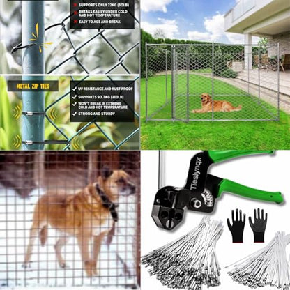 StainlessSteel Cable Tie Gun Set with 200PCS Ties - Special Tool For Fastening And Cutting Metal Cable Ties- Ideal for Chain Link Fence, Dog Fence,Outdoor Fencing, Exhaust Pipe.