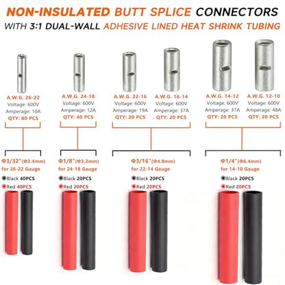 SVAAR 400PCS 26-10 Gauge Non-Insulated Butt Connectors Kit 26-10 AWG Uninsulated Wire Splices 200 Tinned Copper Marine Grade Seamless Crimp Butt Splice Terminals w/200 3:1 Adhesive Lined Heat Shrinks - size: 26-10 AWG Kit