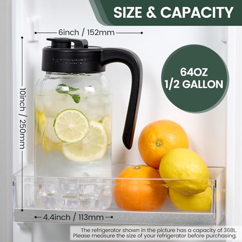 Mason Jar Pitcher, 64 oz (2 quart), Glass Pitcher with Lid | Airtight, Leak proof, Ergonomic Handle, Pour Spout Lid, Fridge Safe, for Sun Tea, Iced Tea, Cold Brew, Lemonade, Outside - color: Black