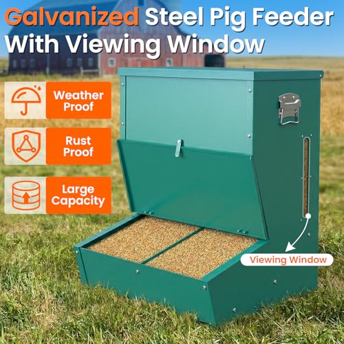 Heavy Duty 2-Door Pig Feeder, 3.7 Bushels Capacity Galvanized Steel Hog Feeder with Visible Feed Design, Outdoor Livestock Feeder for Barn & Farm
