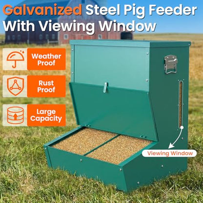 Heavy Duty 2-Door Pig Feeder, 3.7 Bushels Capacity Galvanized Steel Hog Feeder with Visible Feed Design, Outdoor Livestock Feeder for Barn & Farm