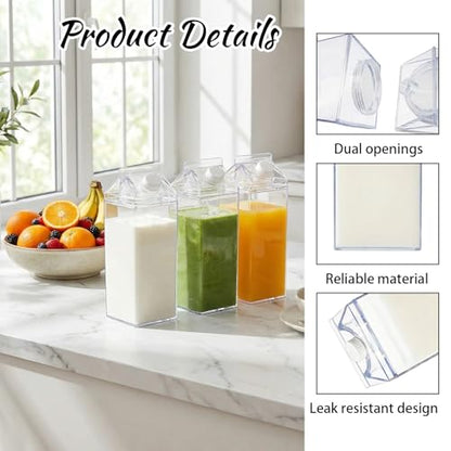 3 Pcs 64 Oz Large Clear Milk Carton Container with Brushes Labels and Pen Square Plastic Milk Water Bottle for Outdoor Camping or Climbing Tour
