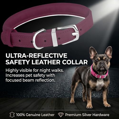 OOPSDOGGY Rolled Leather Dog Collar Reflective – Genuine Leather Round Dog Collar for Small Medium Large Dogs (Burgundy, 20" – 24") - color: Burgundy, size: 20" – 24"