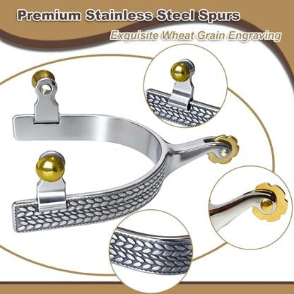 Professional Horse Spurs for Men & Women | Stainless Steel, Roller & Wheat Engraving, Includes 2 Leather Straps, English Western Riding, Equestrian Training Gear