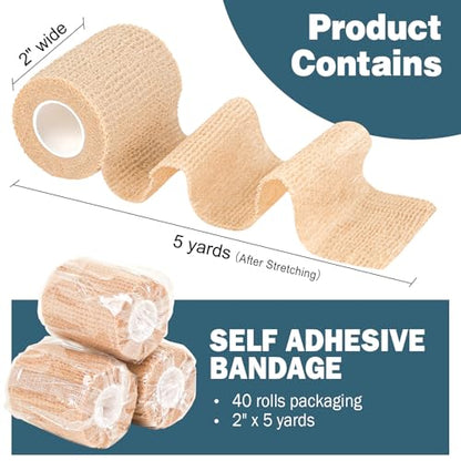 AZEN 40 Pack Self Adhesive Bandage Wrap, 2" X 5 Yards Elastic Cohesive Bandage Wrap, Skin Color Athletic Tape, Vet Wrap, Ankle Tape, Tattoo Grip Tape Wrap - color: Beige, size: 2IN - 40Pack
