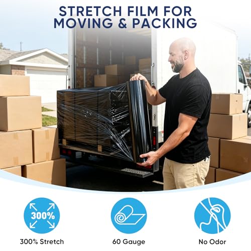 TICONN Stretch Wrap Roll, 18 in x 1000 ft Plastic Wrap for Moving Furniture | Odorless Industrial Strength Stretch Film, 300% Stretchability, Self-Adhering, Ideal for Furniture, Box Protection - style: 18''-4PK Black (No handle)