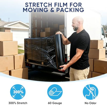 TICONN Stretch Wrap Roll, 18 in x 1000 ft Plastic Wrap for Moving Furniture | Odorless Industrial Strength Stretch Film, 300% Stretchability, Self-Adhering, Ideal for Furniture, Box Protection - style: 18''-4PK Black (No handle)