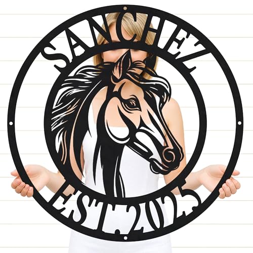 Horse Ranch Metal Name Sign – Personalized Family Farm Wall Decor for Porch, Entryway, or Outdoor Barn Area, Custom Plaque for Horse Property Owners - color: Horse Sign #15