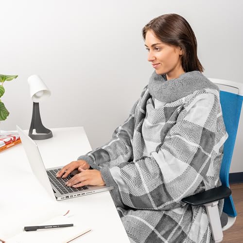 PAVILIA Sherpa Wearable Blanket with Sleeves and Pocket, Plush Thick Cozy Body Blanket Wrap for Adult Women Men, Christmas Gift for Wife Mom, Plaid Light Grey - color: Plaid Light Gray