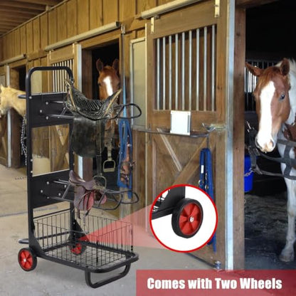 Rolling Saddle Rack Horse Tack Cart 3 Tier, Heavy Duty Steel Stable Storage Cart with Wheels, Portable Horse Equipment Organizer for Tack Room Trailer Indoor Outdoor