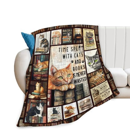 Dynova Cat Blanket Cozy Plush Book Throw Blankets Cozy Plush Cats Books Lovers Gifts Fuzzy Flannel Fleece for Women Men Girls Boys 60"X50" - color: Cat Book, size: 60"x50"