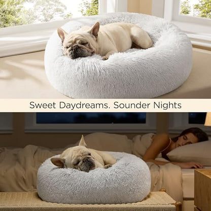 Bedsure Calming Cat Beds Donut Round Washable Kitten Bed,20 inches | Fluffy Faux Fur Cuddler,Anti-Slip Bottom,Anti-Anxiety,Deep Sleeping for Cats&Small Pets Up to 15 Lbs,Frost Grey - color: Frost Grey, size: 20"L x 20"W x 6"Th