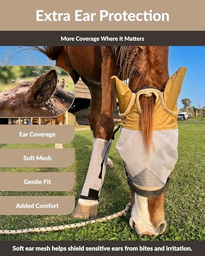 TSZ Horse Fly Mask with Ears Cover - UV Block 70% Breathable Mesh Flymask | Fly Masks for Horses, Durable Fly Control Mask, Comfortable All-Day Protection for Equines. Fleece Padding, Adjustable Straps - size: Horse