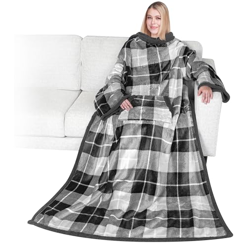 PAVILIA Sherpa Wearable Blanket with Sleeves and Pocket, Plush Thick Cozy Body Blanket Wrap for Adult Women Men, Christmas Gift for Wife Mom, Plaid Grey - color: Plaid Charcoal