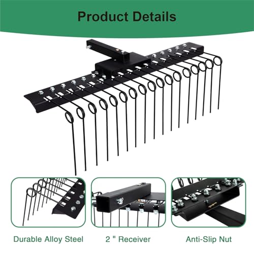 48" Durable Pine Straw Rake Steel Spring Landscape Rake Fits 2" Receiver for Lawn Tractors or ATV/UTV Black
