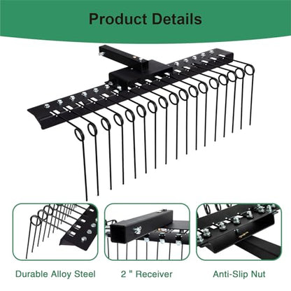 48" Durable Pine Straw Rake Steel Spring Landscape Rake Fits 2" Receiver for Lawn Tractors or ATV/UTV Black