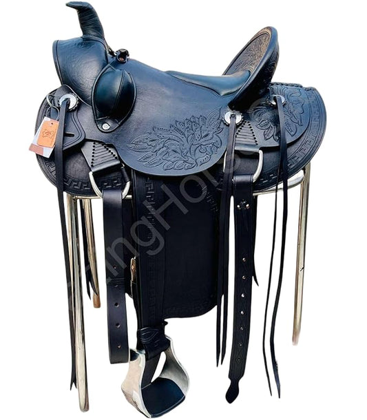 Western Horse Saddle Set Genuine Leather Hand Tooled Floral Cowboy Saddle Trail and Training Pleasure Riding Tack with Breast Collar Headstall Reins Stirrups and Cinch Rodeo Equestrian Gear - color: Black, size: 16 Inch