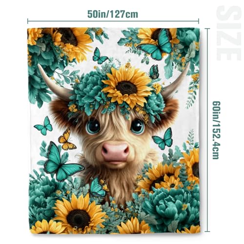 Jekeno Highland Cow Sunflower Gifts Blanket Butterfly Floral Throw Blanket - color: Highland Cow, size: 50x60 Inch