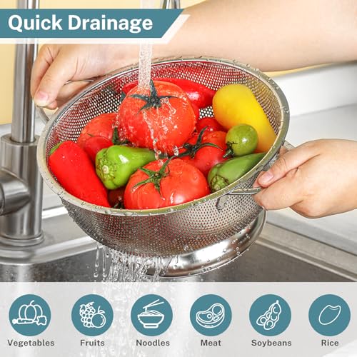 Pleafind 18/8 Stainless Steel Colander for Kitchen - 5 qt and 3 qt, Rapid-Flow Strainers and Colanders with Handle, Pasta Strainer with Sturdy Base for Stable Use, Rust-Resistant & Dishwasher Safe - size: 5Qt & 3Qt