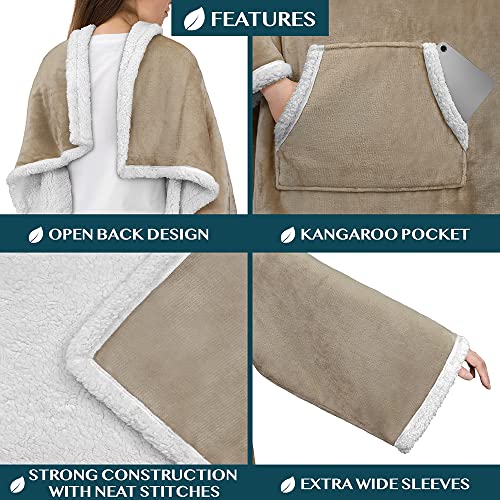 PAVILIA Sherpa Wearable Blanket with Sleeves and Pocket, Plush Thick Cozy Body Blanket Wrap for Adult Women Men, Christmas Gift for Wife Mom, Taupe Tan - color: Taupe