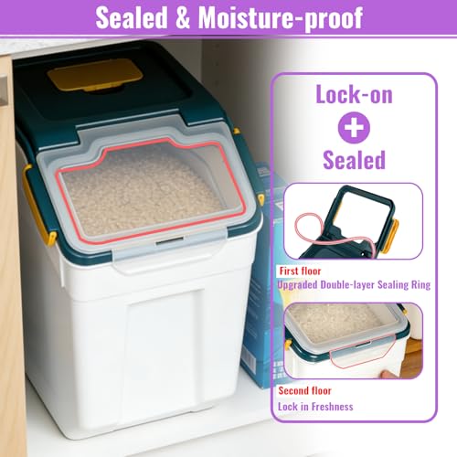 Rice Container 25 lbs Large Bulk Flour Sugar Storage Holdhouse Plastic Grain Cereal Dry Goods Bin with Spoon and Measuring Cup for Kitchen Pantry Organization - Blue - color: Blue