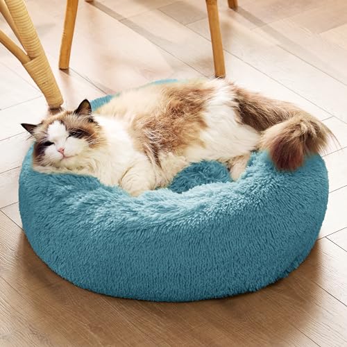 Bedsure Calming Cat Beds Donut Round Washable Kitten Bed,20 inches | Fluffy Faux Fur Cuddler,Anti-Slip Bottom,Anti-Anxiety,Deep Sleeping for Cats&Small Pets Up to 15 Lbs,Washed Blue - color: Washed Blue, size: 20"L x 20"W x 6"Th