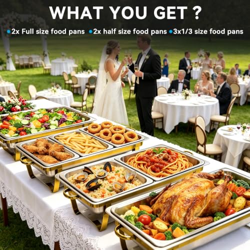9QT Chafing Dishes for Buffet 4 Pack with 7 Multi-Size Food Pans - color: Silver + Golden