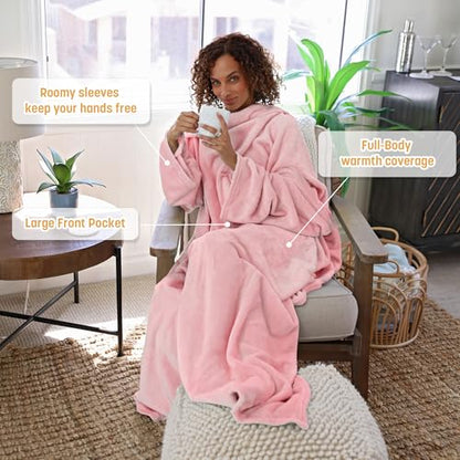 Catalonia Wearable Blanket with Sleeves for Women & Men, Fleece Wrap Throw - color: Pink