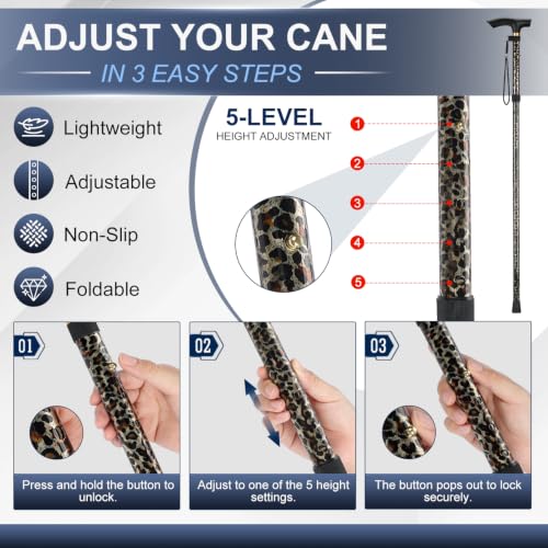 supregear Folding Cane, 5-Level Adjustable Height Walking Stick Lightweight Collapsible Portable Travel Cane with Wrist Strap and T Handle for Elderly Disabled Men Women - color: Leopard