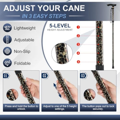 supregear Folding Cane, 5-Level Adjustable Height Walking Stick Lightweight Collapsible Portable Travel Cane with Wrist Strap and T Handle for Elderly Disabled Men Women - color: Leopard