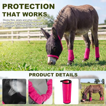 Mini Donkey Fly Mask with Ears and 4 Set Donkey Fly Boots Mule Leggings, Breathable Stretchy Mule Leg Wraps Mask Boots with Mesh Eye Covers from Insects and Bugs with Adjustable (Rose Red) - color: Rose Red