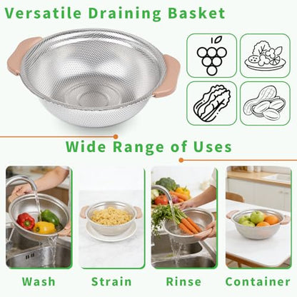 Colander Set with Plastic Handles, Stainless Steel Micro-Perforated Colanders Strainers for Draining Rinsing Washing, Ideal for Pasta Vegetables Fruits, Heavy Duty & Dishwasher Safe - color: Khaki