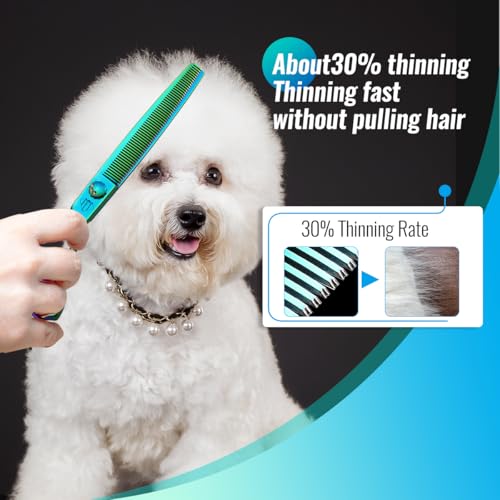Dog Grooming Scissors: 7" Straight Pet Shears Skeletonized blade Made Of Japanese 440C for Trimming Dogs Cats and Other Pets Green (Thinning G, 7") - style: Thinning
