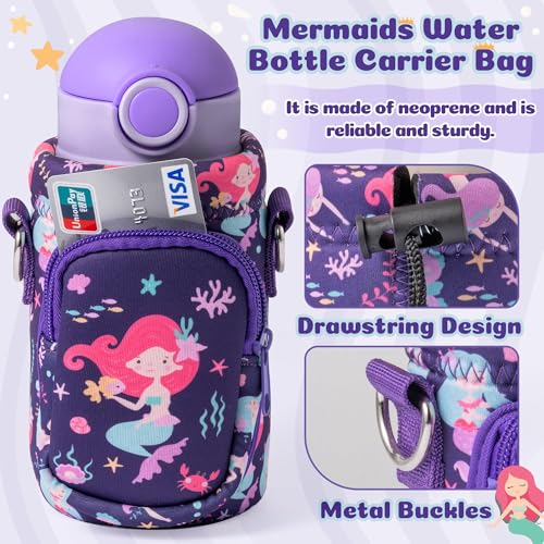 Water Bottle Carrier Bag with Strap for Kids - Water Bottle Bag Holder with Padded Strap Pocket 10/12/14/16/18Oz for Boys Girls School Walking Hiking Camping - style: Mermaids